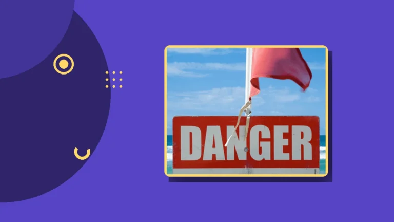A red DANGER warning sign beside a red flag against a blue sky, illustrating the warning signs in a toxic relationship.