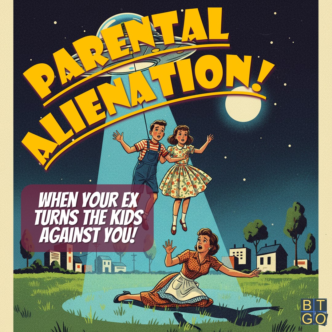 Parental Alienation: When Your Ex Turns the Kids Against You - retro sci-fi course poster of a UFO abducting two children as their mother reaches out