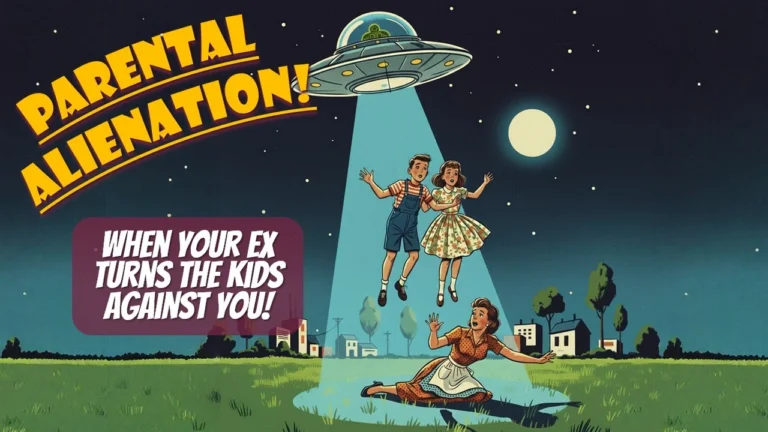 A retro 1950s sci-fi movie-poster illustration reading 'Parental Alienation! When your ex turns the kids against you,' showing children pulled into a flying-saucer beam as their mother reaches out below.