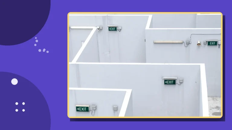 A maze of white walls marked with multiple EXIT signs, illustrating how trauma bonding can make leaving feel impossible.